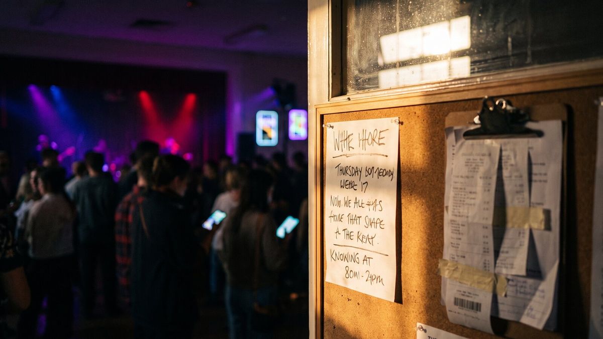 A community hall noticeboard with a handwritten raffle poster and a clipboard of ticket prices, taped-up receipts beside it, warm afternoon light through the windows.