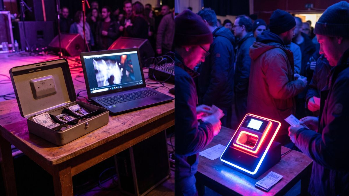 A community-hall ticket table with a cash tin and a laptop on one side, a neon-lit bar ticket scanner on the other, split down the middle of the frame.
