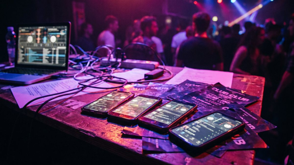 A promoter's desk with an Eventbrite checkout on a laptop pushed to one side and four other ticketing dashboards on phones fanned out in front, club flyers underneath.