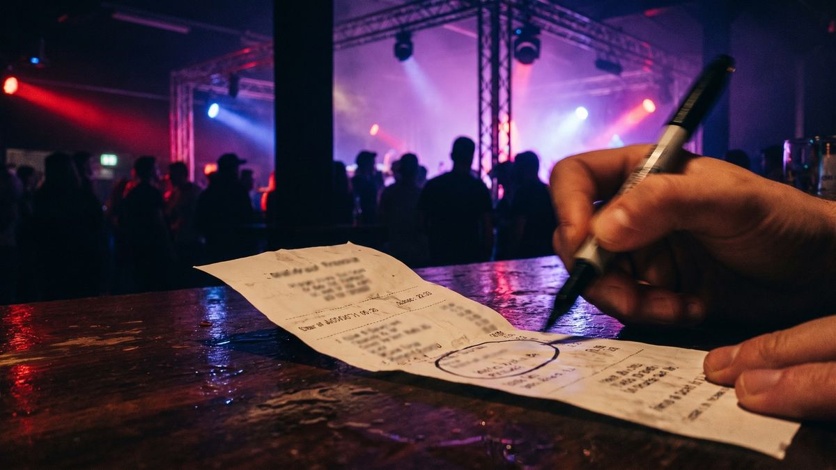 Close-up of a crumpled paper receipt on a sticky club bar top under red and blue stage light, the fee line circled in marker.