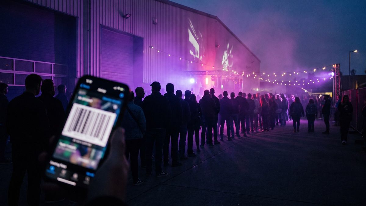 A long queue outside a warehouse venue at dusk, one phone screen in the foreground showing a ticket with a QR code.