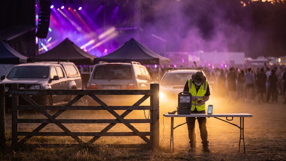 Dusty gate at a bush property at golden hour, a volunteer in hi-vis scanning a phone at a trestle table, utes and tents behind.