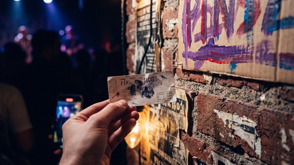 A hand-painted community-gig poster pinned to a brick wall, a single ticket stub with a small printed price breakdown held up against it in warm evening light.