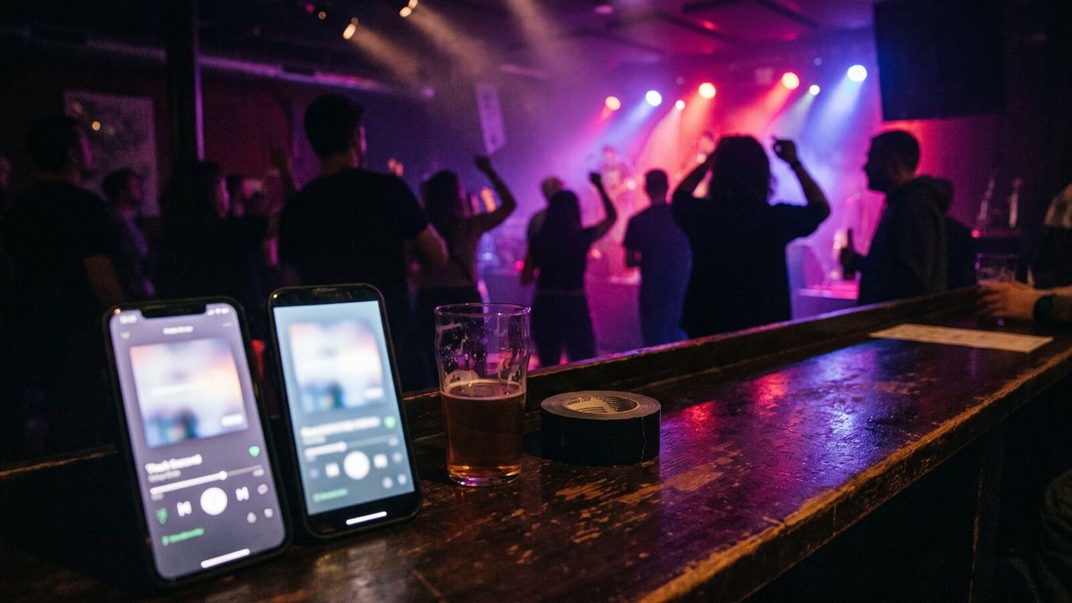 Two phones side by side on a bar top at a gig, each showing a different checkout screen, a beer and a roll of gaffer tape between them, red stage light behind.