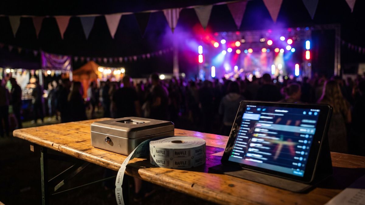 A school-fete trestle table with a raffle ticket roll and cash tin beside a tablet showing a ticket scanner, bunting overhead, bright daylight.