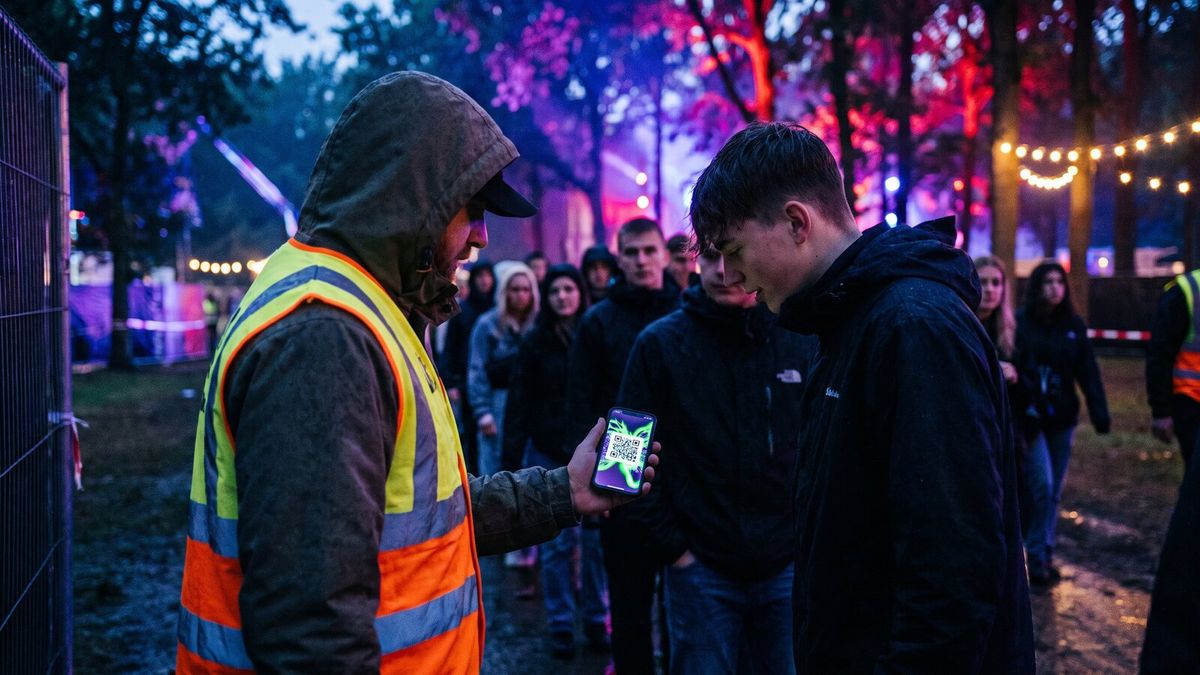 A door staffer in a hi-vis vest scanning a punter's phone at a festival gate at dusk, the QR code glowing on the screen, a queue of blurred faces behind.